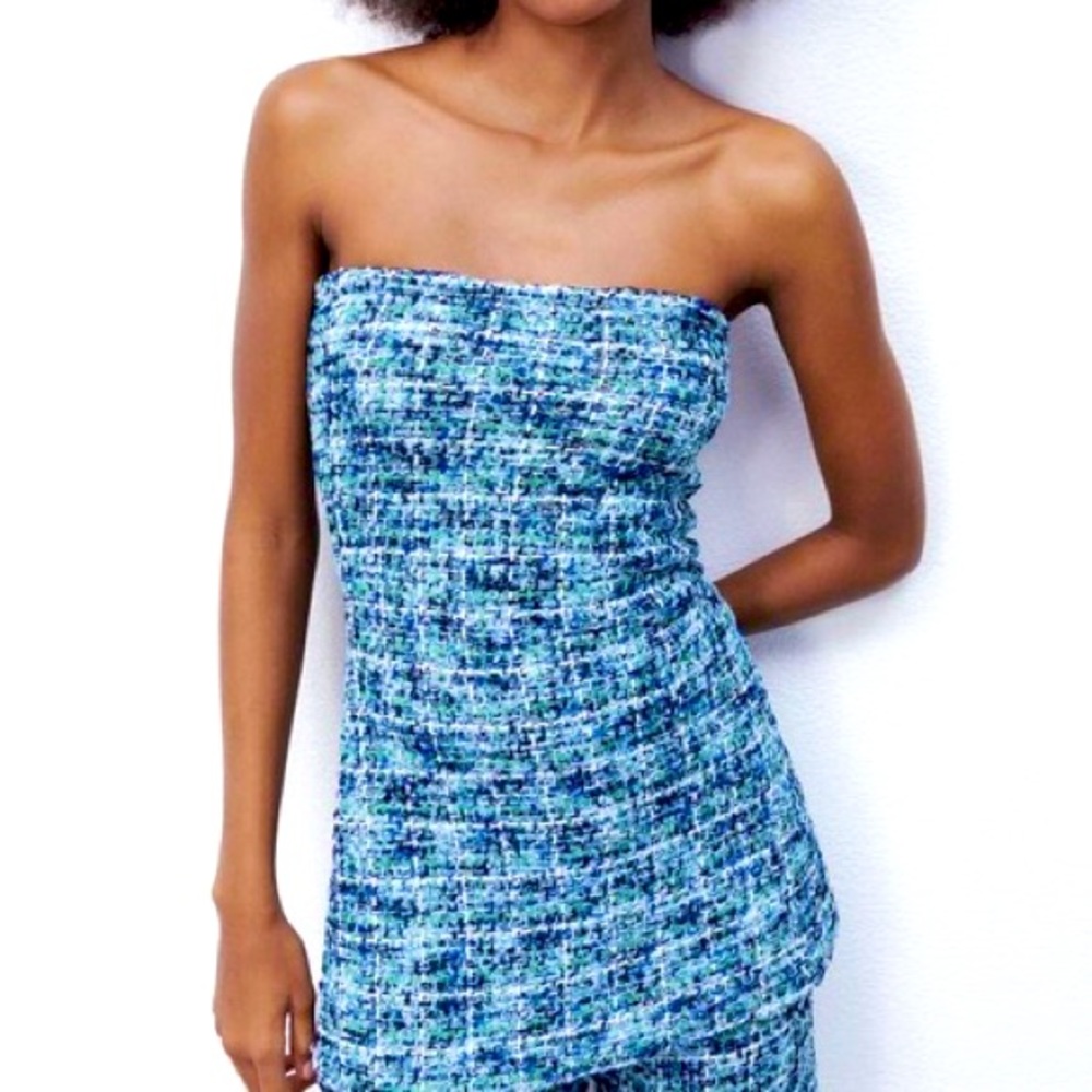 Zara Blue Green Tweed Textured Mini Dress Strapless